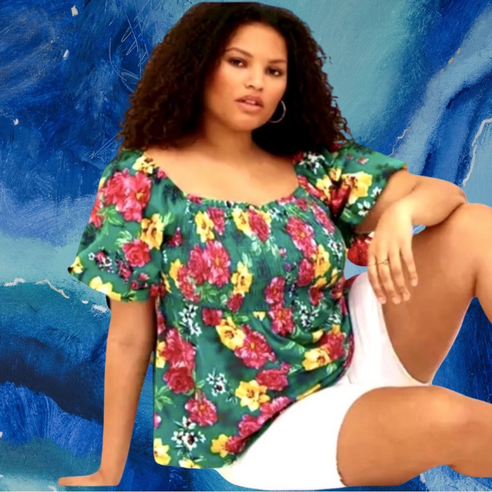Torrid Women’s plus-size Green Floral-print Puff-sleeve Smocked Blouse/Top❤️❤️3X